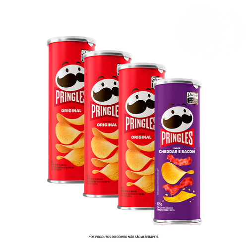 Combo Pringles Original 3 unid + Pringles Cheddar e Bacon 1 unid