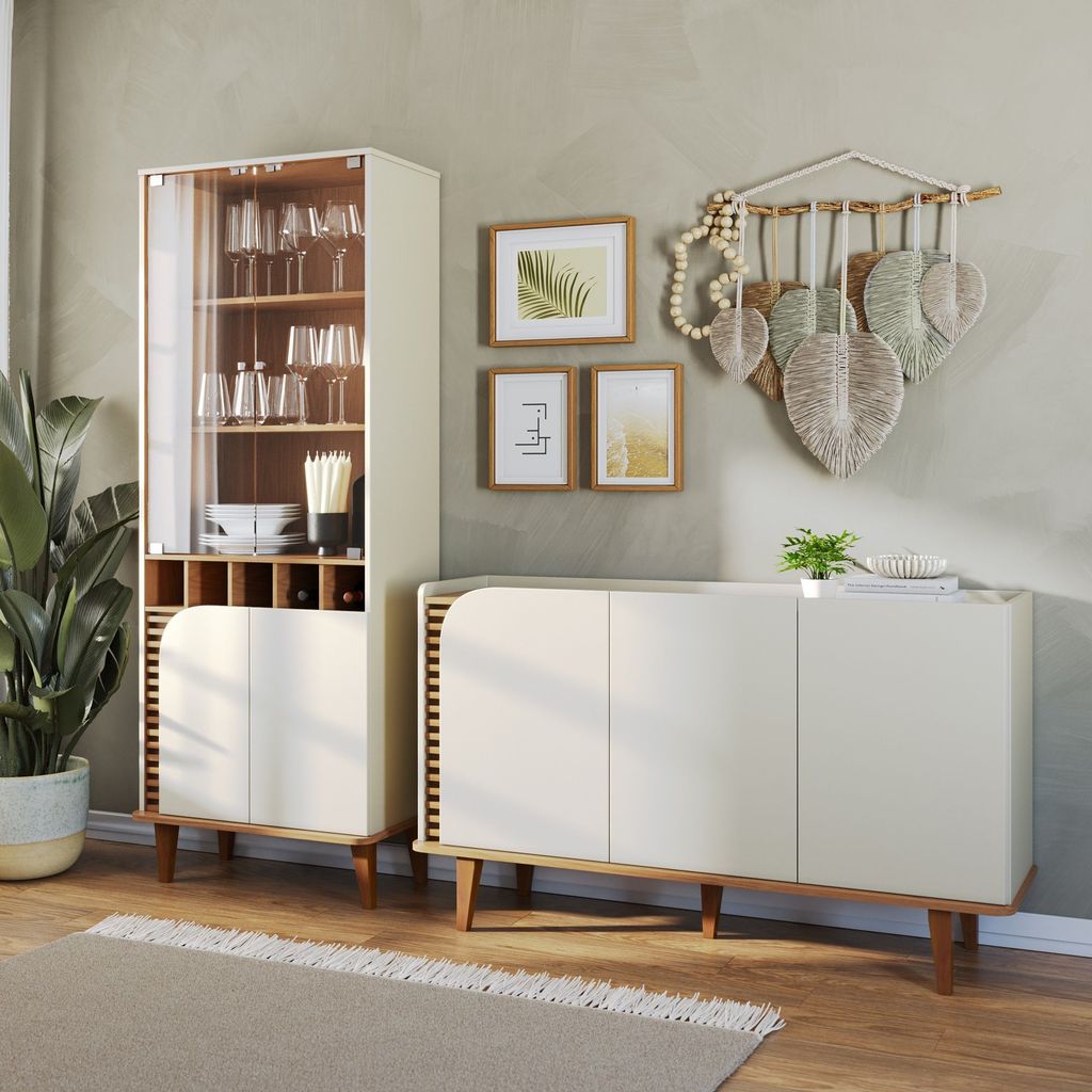 Conjunto Cristaleira 2 Portas de Vidro Jurerê e Buffet para Sala de Jantar 3 Portas Jurerê Branco/Off White