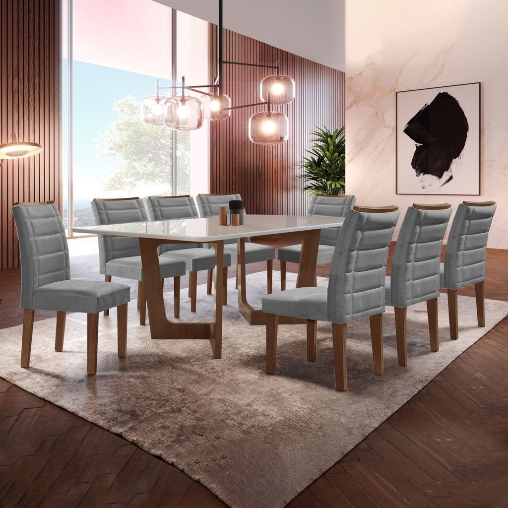 Conjunto Sala de Jantar Nápoles Tampo Vidro/MDF com 8 Cadeiras Genova Smart Plus Chocolate/Off White/Cinza