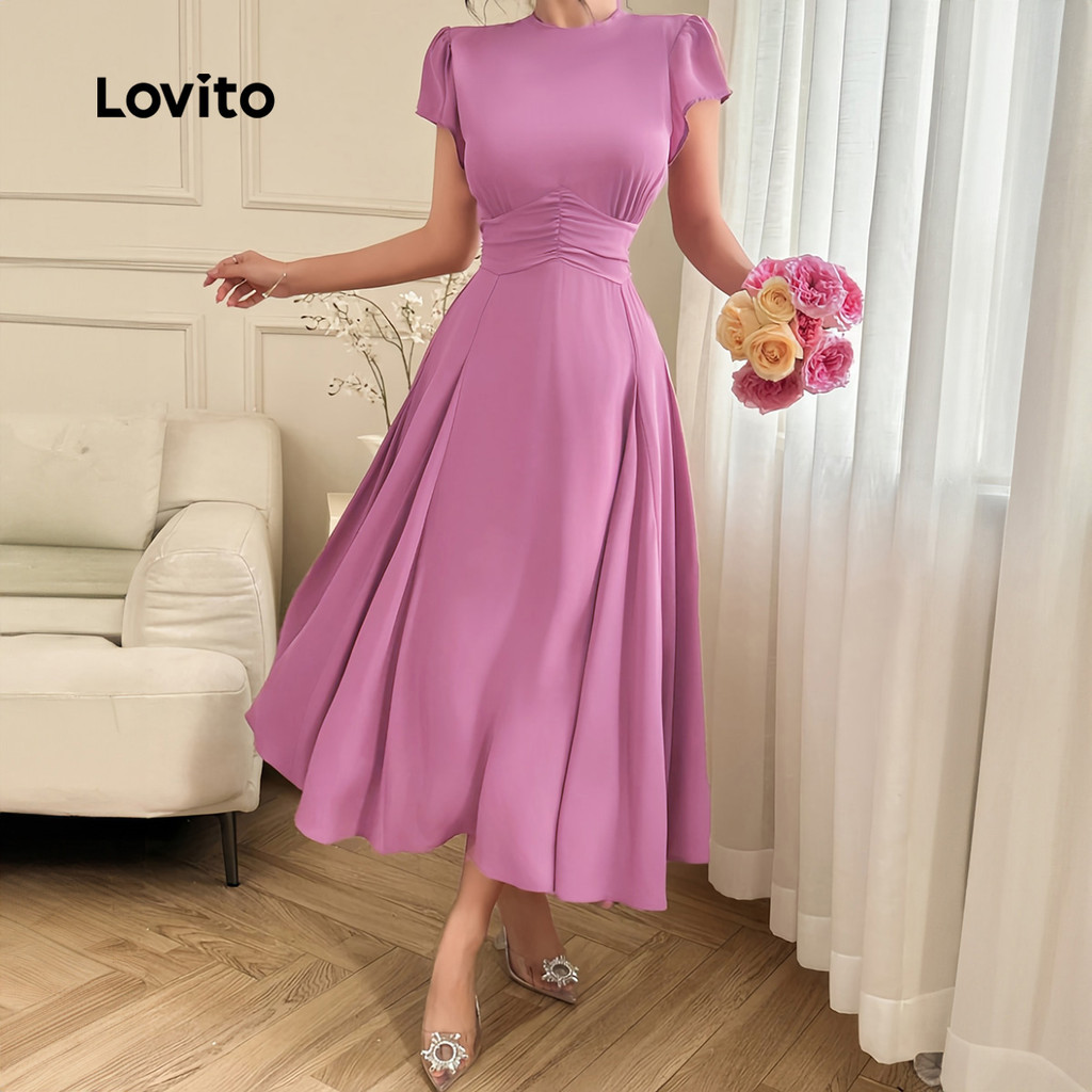 Detalhes do Lovito Vestido Feminino com Pregas e Design Elegante para Primavera/Verão Cinza e Rosa L143ED270