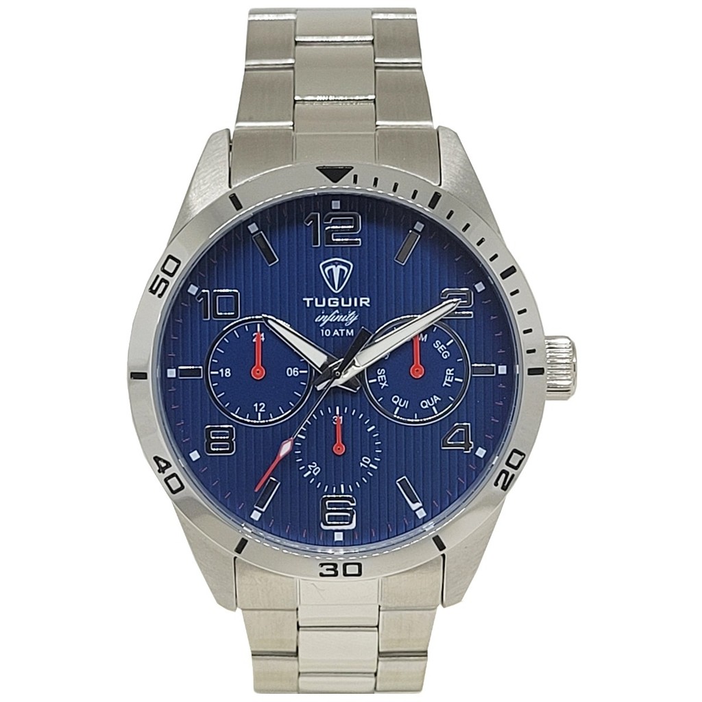 Relógio Masculino de Aço MultiFunção Tuguir Analógico Infinity TGI37056 Prata e Azul