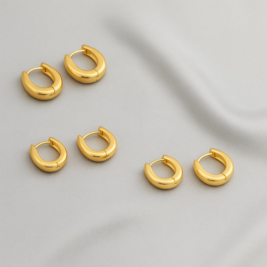 Conjunto 3 Pares de Brincos Argolas Click, Semijoias Modernas Femininas Em Banho de Ouro 18k