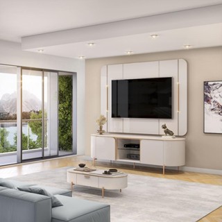 Painel e Bancada TV 65" 2 Portas Deep Luminárias Douradas Pés Metálicos OffWhite G18 - Gran Belo em Oferta na Shopee