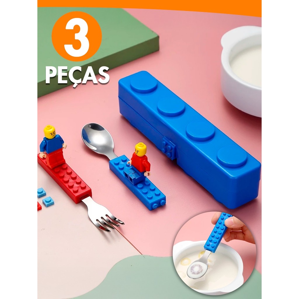 Conjunto De Talheres De Lego Infantil Garfo e Colher Com Estojo Nano Shop