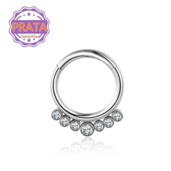 Piercing Argola Segmento Articulado Prata 925 Zirconia 7 Pedras - Nariz e Orelha Helix Septo Rook | Bijuteria Prata