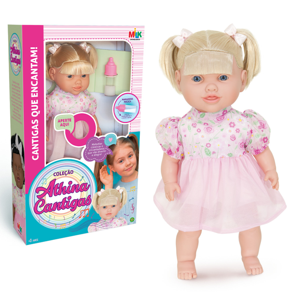 Boneca Coleção Athína Cantigas grande canta mamadeira magica vinil macia Milk