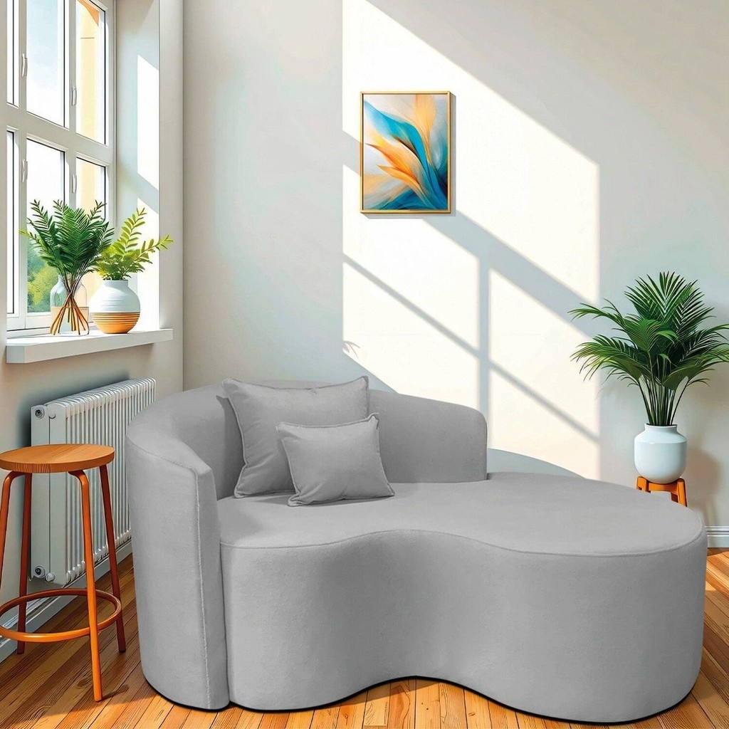 Recamier Curvo Orgânico 150cm 2 Lugares Lado Direito para Sala de Estar Linho Londres Cinza Claro Cinza/Claro