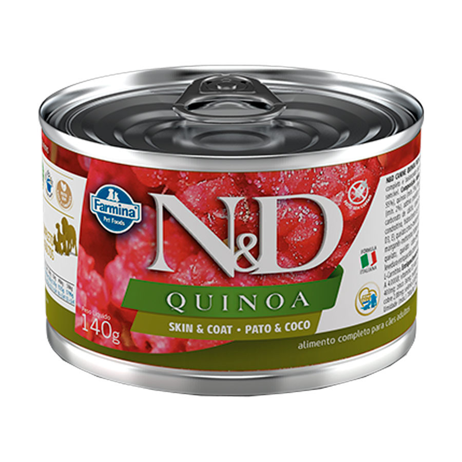 Ração úmida lata para gatos e cães N&D Quinoa sabor pato e coco 140g