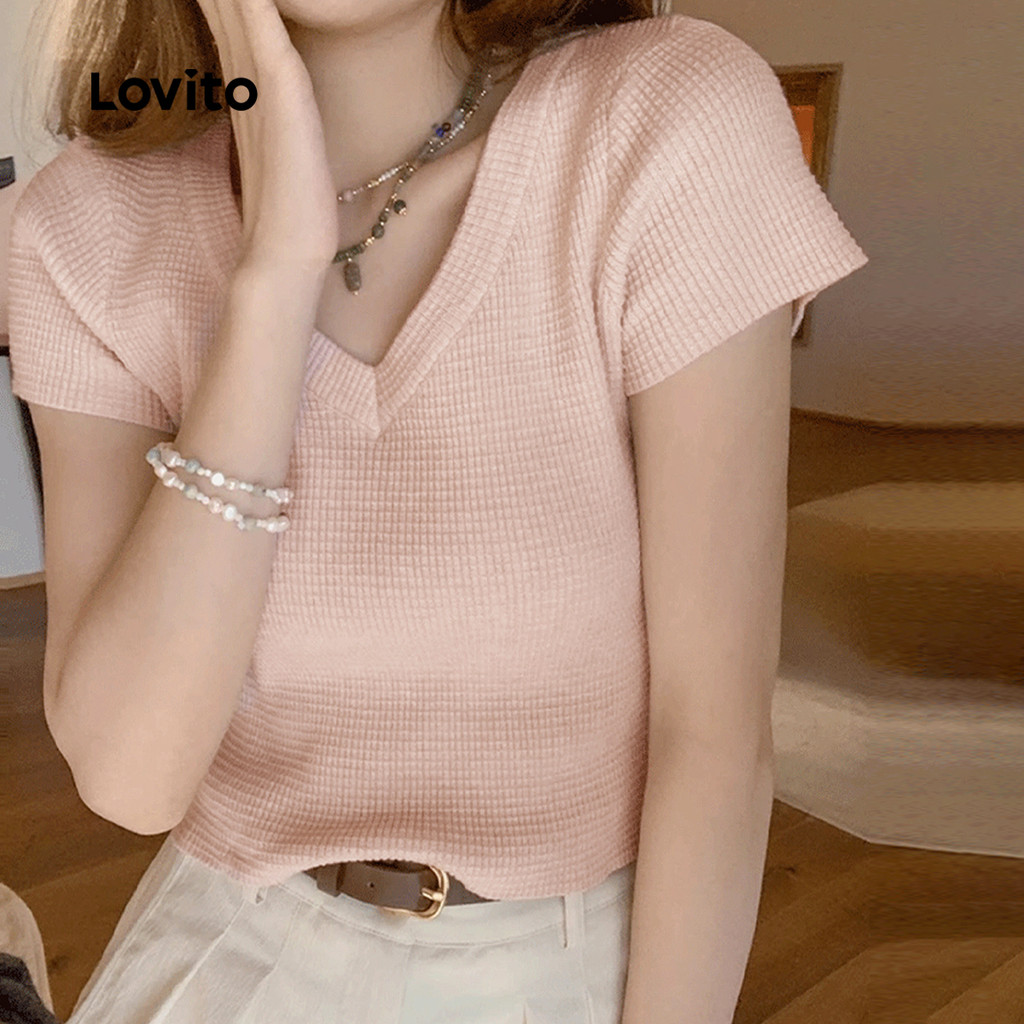 Detalhes do Lovito Camiseta Casual Boa Textura Camiseta Rosa de Primavera/verão para Mulheres L149LD107
