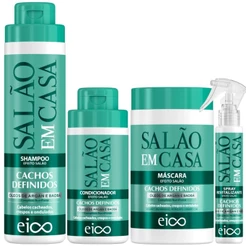 Kit Eico Salão em Casa Cachos Definidos Shampoo 800ml Condicionador 450ml Máscara 1Kg Spray 120ml