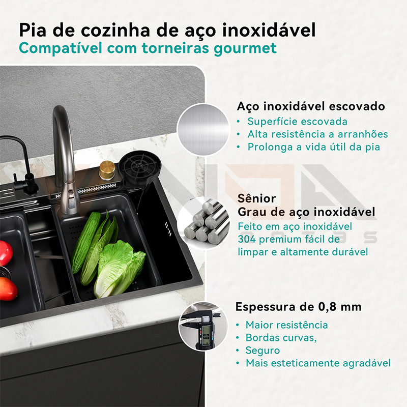 Cuba Pia Aço inox 304 Quadrada 75x45 CM Cozinha Gourmet Com Torneira cor preto luxo · foto 2