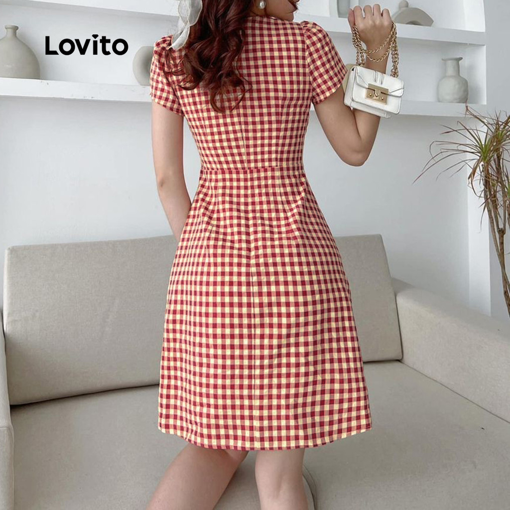 Detalhes do Lovito Vestido Elegante Natalino Laço Frontal Cores Contrastantes Primavera/Verão Vermelho Feminino L155ED725