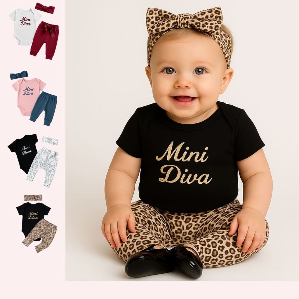 Conjunto Roupa Bebê Menina Mini Diva Blogueira Moda Blogueirinha  Body Manga Curta Calça e Faixa c17512
