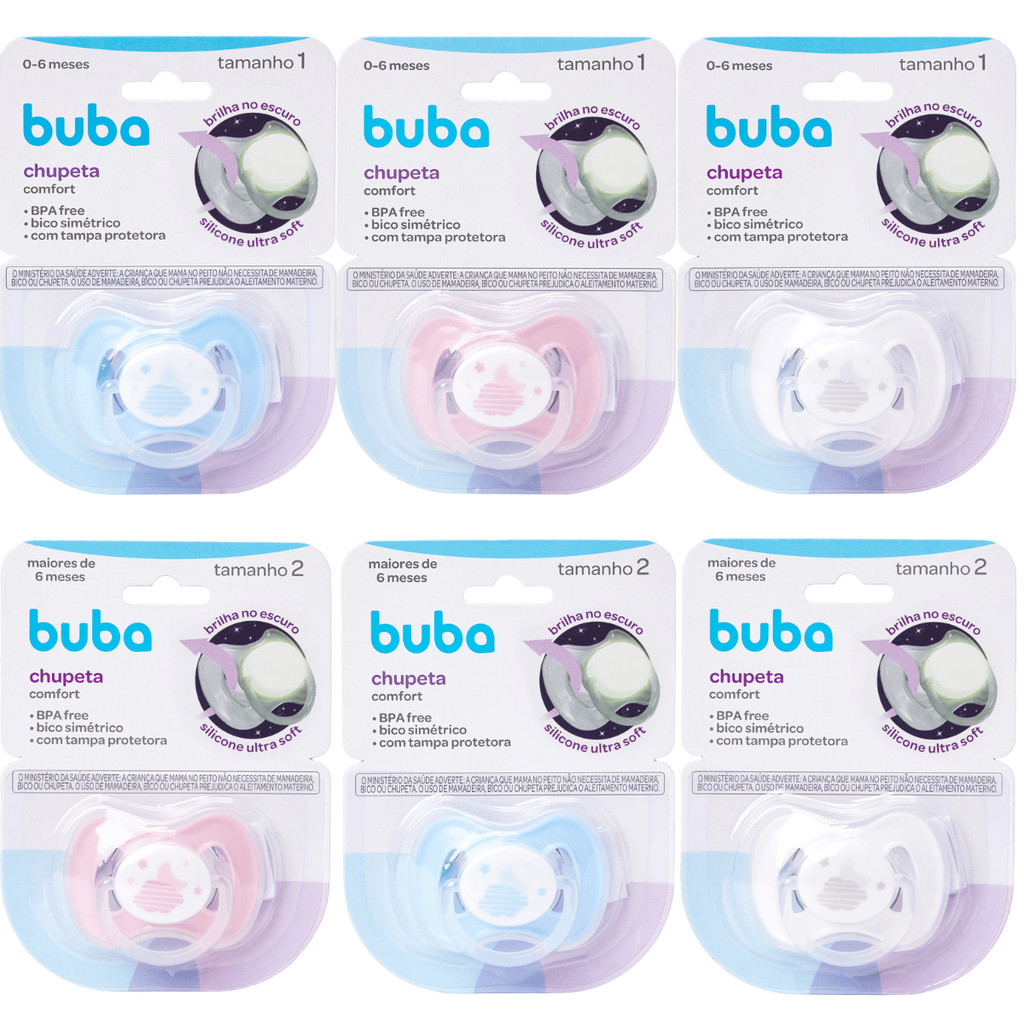Chupeta Bebe Buba Bico Simétrico Anticolica com Tampa Protetora Brilha no Escuro 0 a 6 e 6+ meses