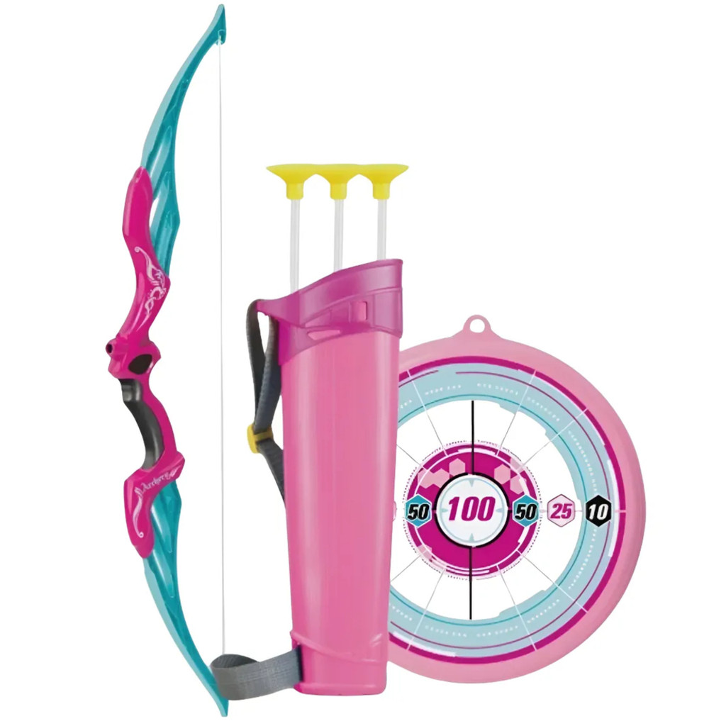 Lançador Infantil Arco E Flecha Rosa Com Alvo Mira Certa Brinquedo