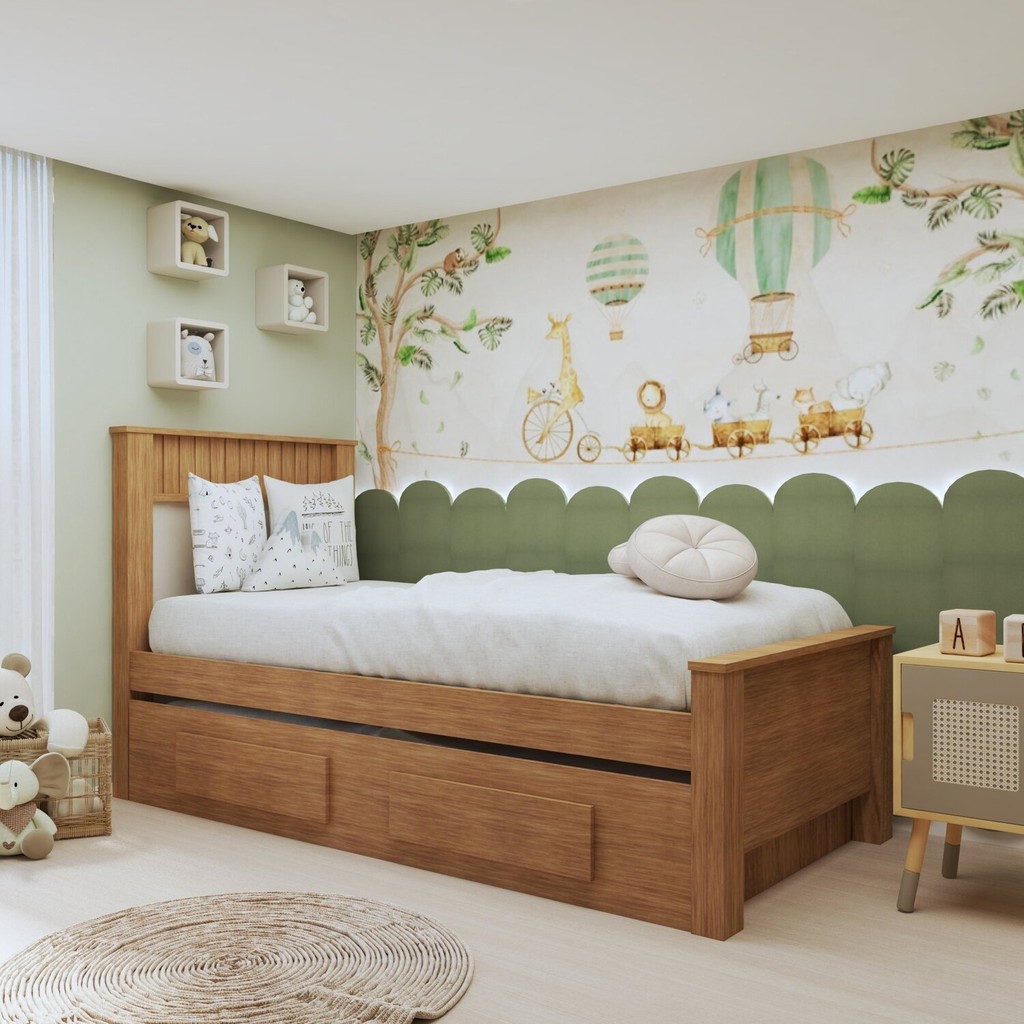Bicama Solteiro Infantil com 2 Gavetas Athenas Kids Marrom Amêndoa Clean/Off White Amêndoa Clean/Off White
