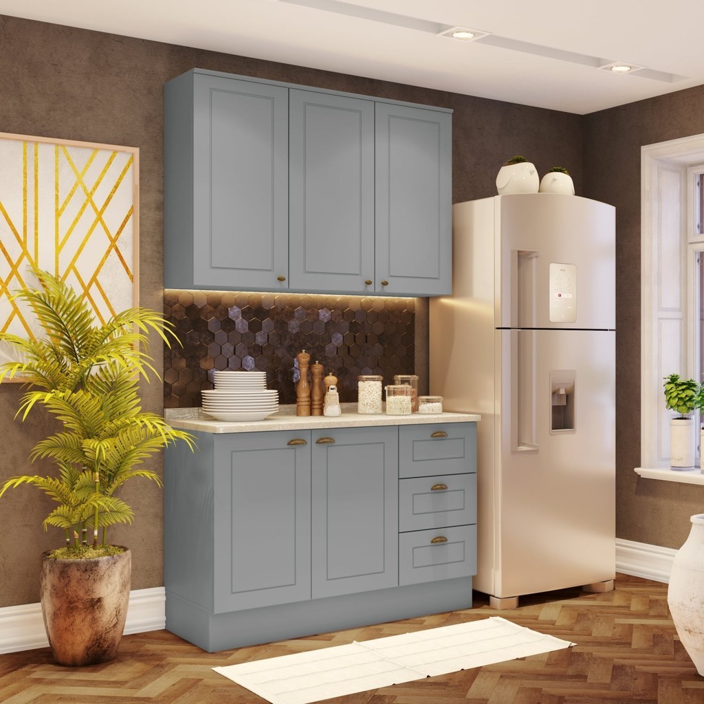 Cozinha Compacta 2 Peças 5 Portas 3 Gavetas Emily Cinza/Calcare em Oferta na Shopee