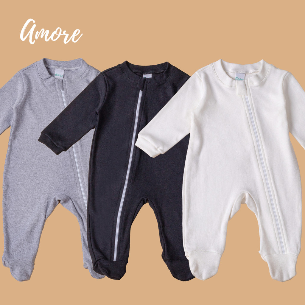 Kit 3 Macacões Bebê Amore Pezinho com Zíper Minimalista 100% Algodão