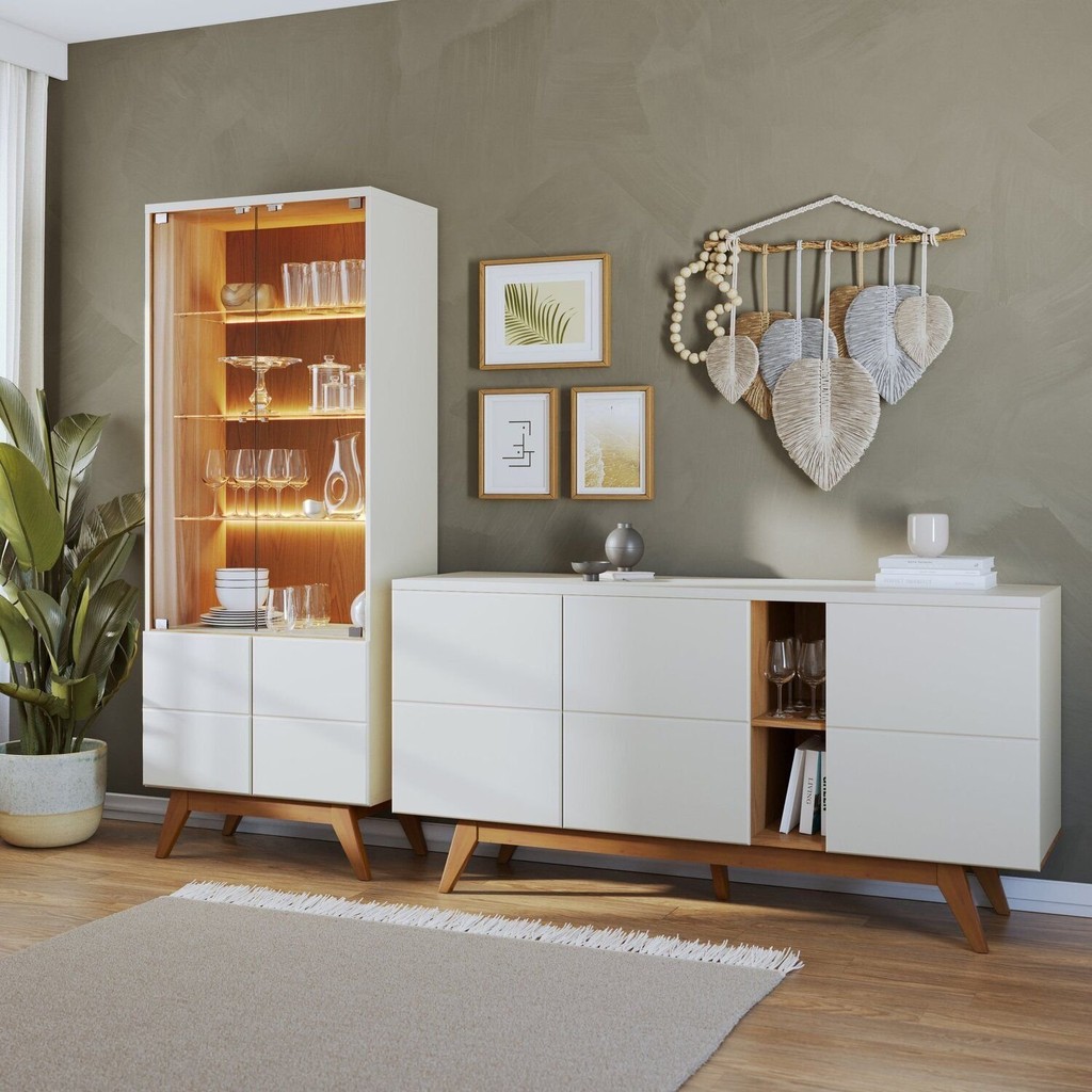 Conjunto Cristaleira 4 Portas com Led e Buffet Sala de Jantar 3 Portas com Nicho Noronha em Oferta na Shopee