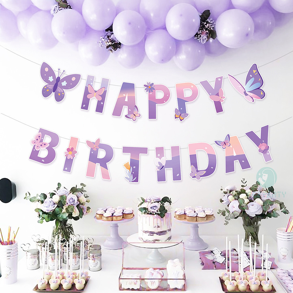Detalhes do GeeParty 1 Conjunto Novo Banner De Borboleta Rosa Roxo Bandeira De Papel Para Decorações De Festa De Aniversário