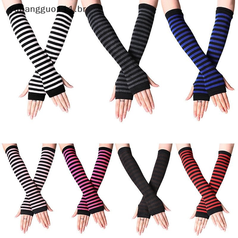 # BR Y2K Moda Feminina Meninas Listradas El Luvas De Malha Longa Sem Dedos Glov . em Oferta na Shopee