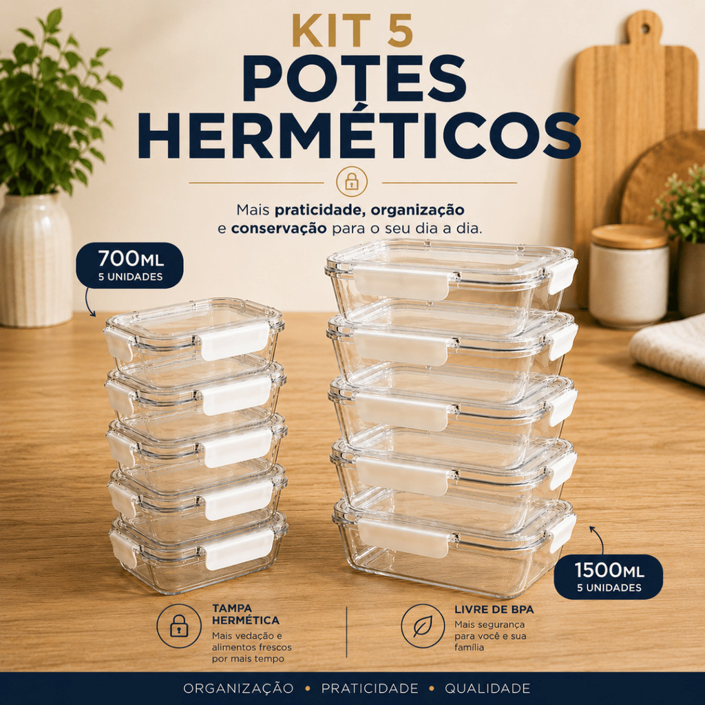 Kit 5 Potes Hermético 700ML e 1,5 Litros Tampa com Trava Organizador Mantimentos Cozinha Armário Geladeira Acrílico