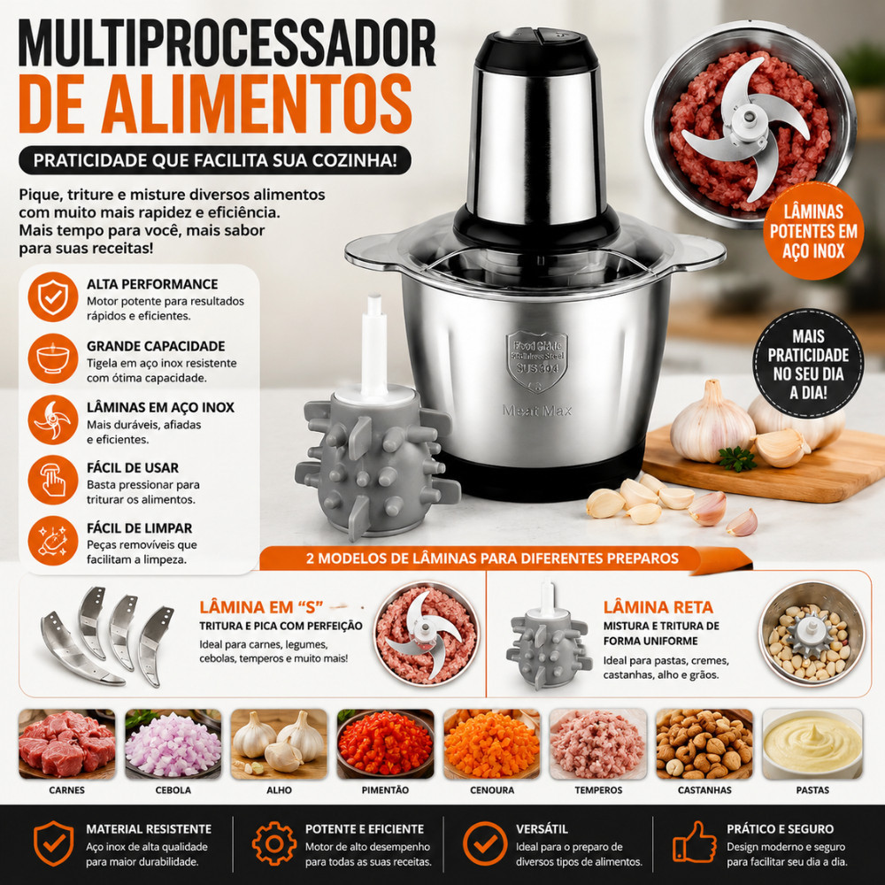 Triturador Elétrico De Alimentos Inox 110V/220V Processador e Moedor De Carne Descascador de Alho 3L