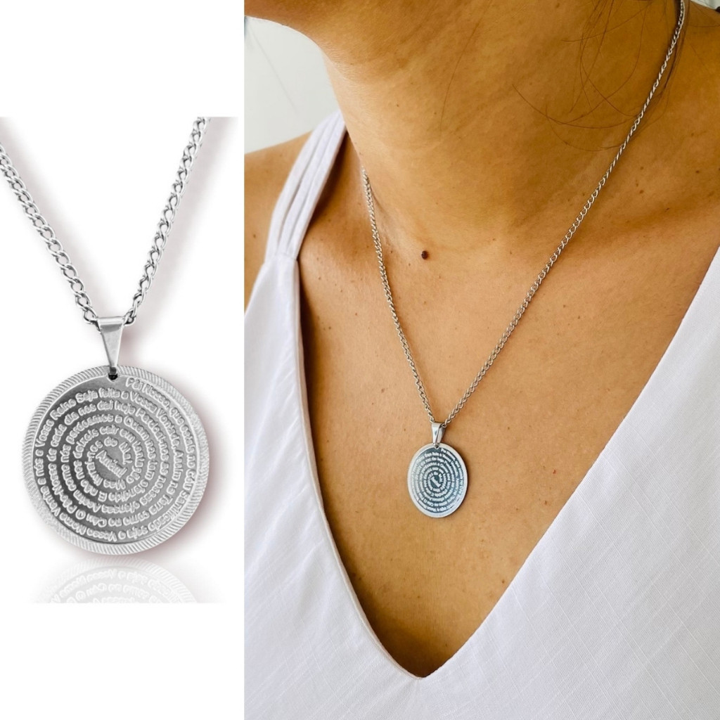 Joia Luxo Feminina Cordão com Pingente Oração  Colar São Jorge Feminino Em Aço Inox banho prata e dourado