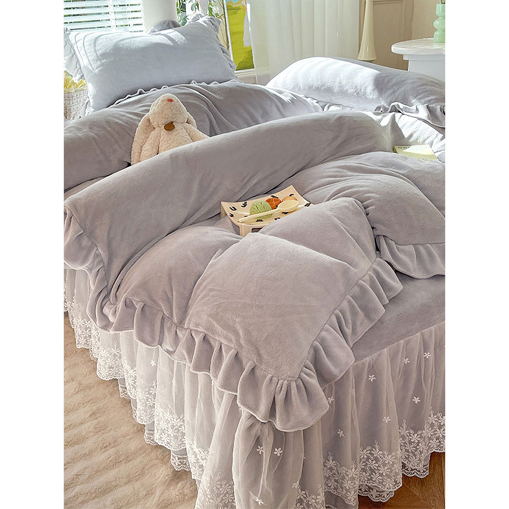 Inverno estilo princesa renda cama saia estilo leite veludo conjunto de quatro peças Coral flanela dupla face engrossado