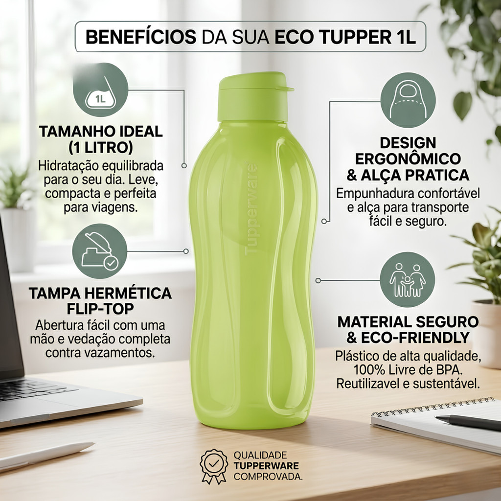 Garrafa Tupperware Eco Tupper Plus 1 Litro Wasabi Squeeze Academia Original