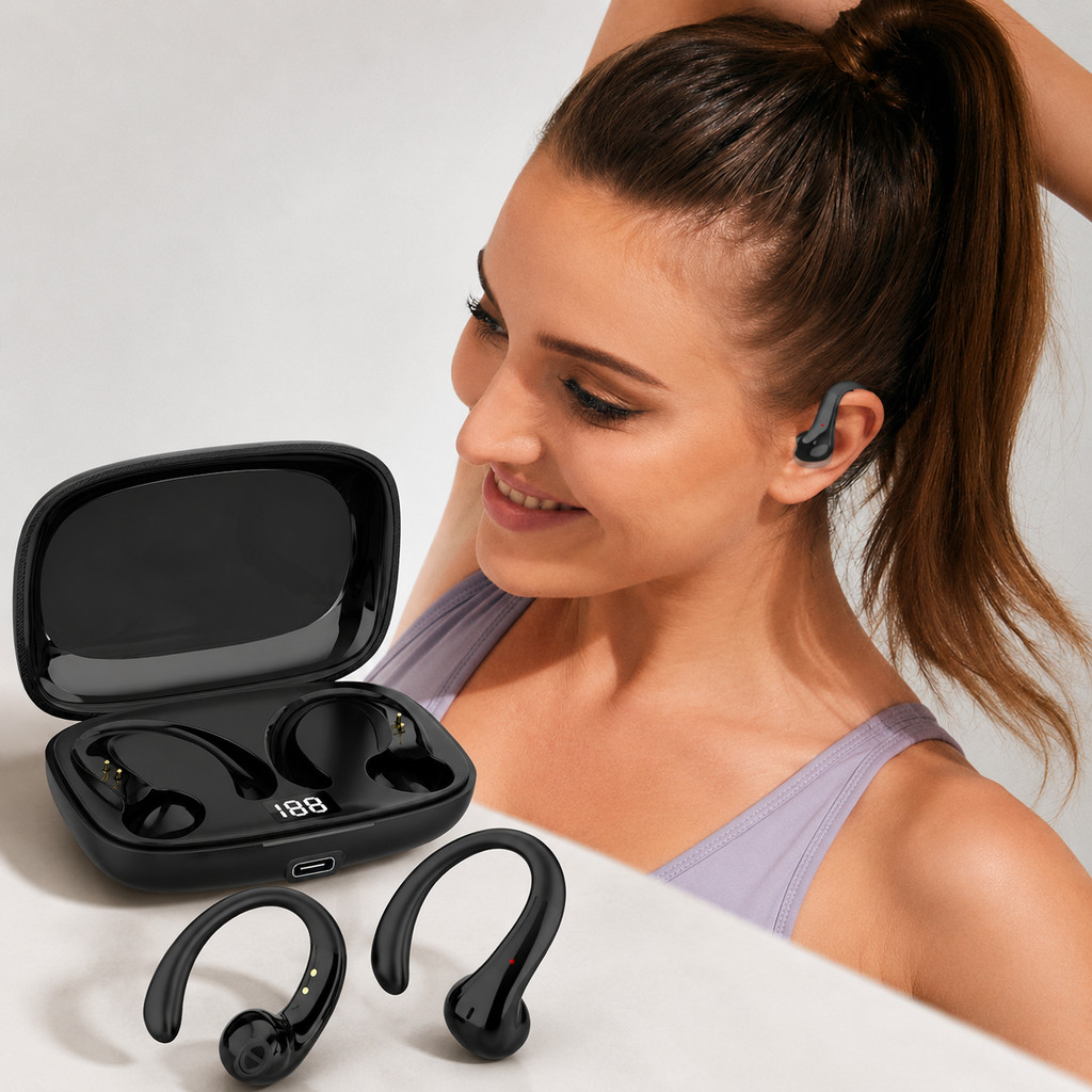 Fone de Ouvido Esportivo com Suporte Orelha Anti-queda Bluetooth 5.0 Som Estéreo Toque e Display de Bateria ANJGG BRASIL