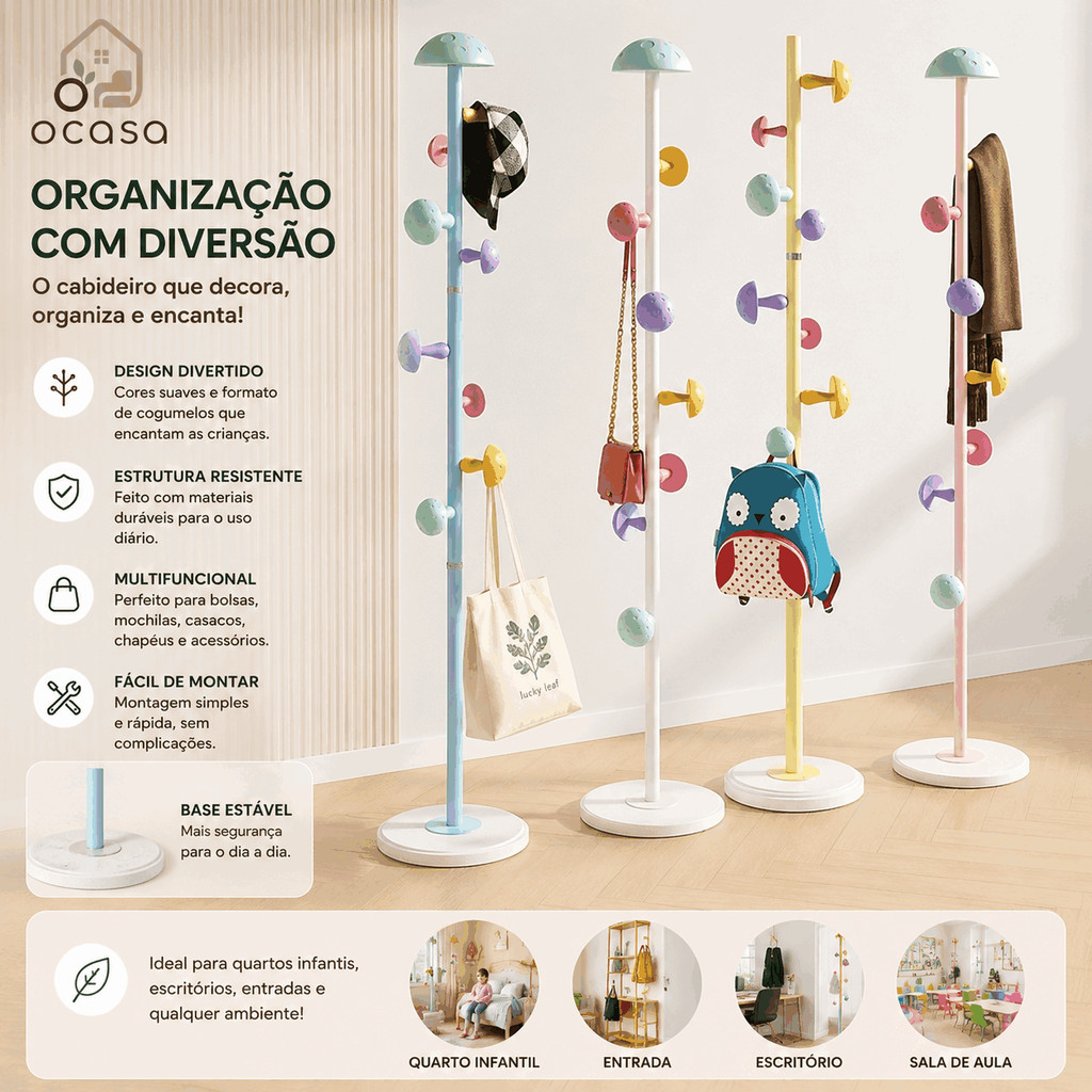 Mancebo Cabideiro Chão Multiuso Metal Ganchos Cogumelo