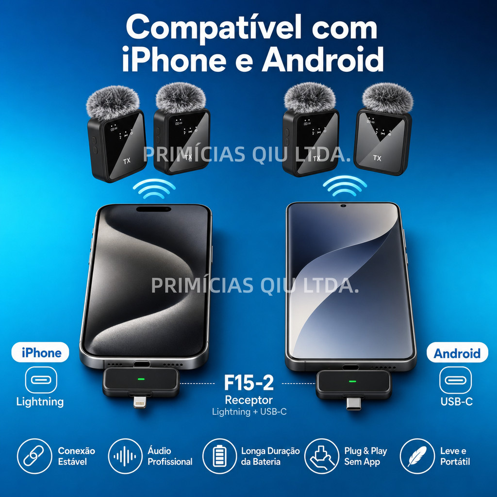 Microfone de Lapela Sem Fio F15-2 Kit Duplo 2 TX iPhone Android Plug Play Redução de Ruído P.HQ