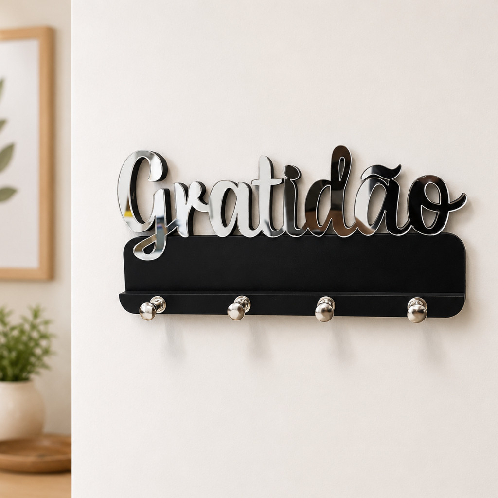 Porta Chaves de Parede Organizador Chaveiro Decoração Gratidão MDF e Acrílico Espelhado