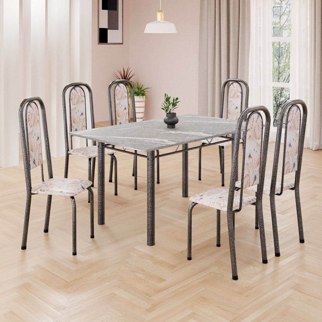 Conjunto de Mesa Retangular 140x75cm Tampo Granito Topázio 6 Cadeiras Lavínea Prata/Botanic Bege/Mart Botanic
