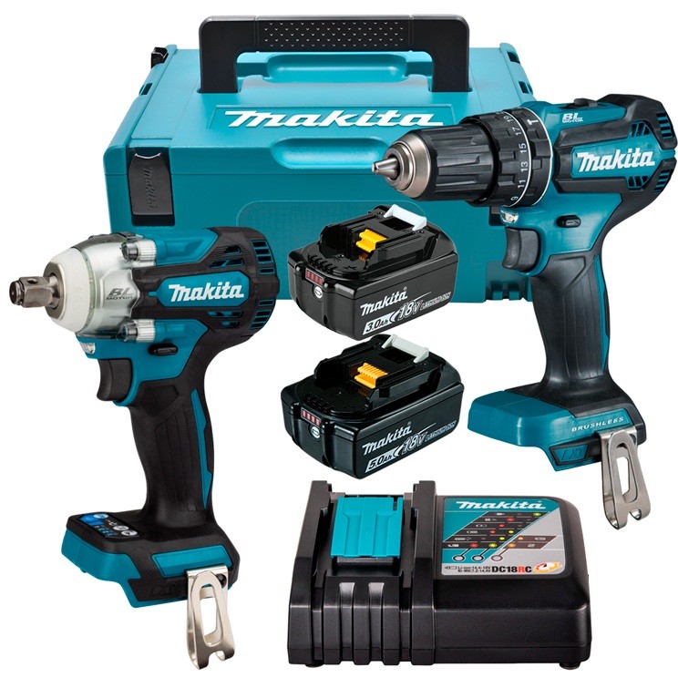 Parafusadeira/Furad Imp 1/2" DHP485RF1J + Bateria 18V 3Ah + Carregador + Maleta + Chave Imp DTW300Z + Bateria 5Ah Makita