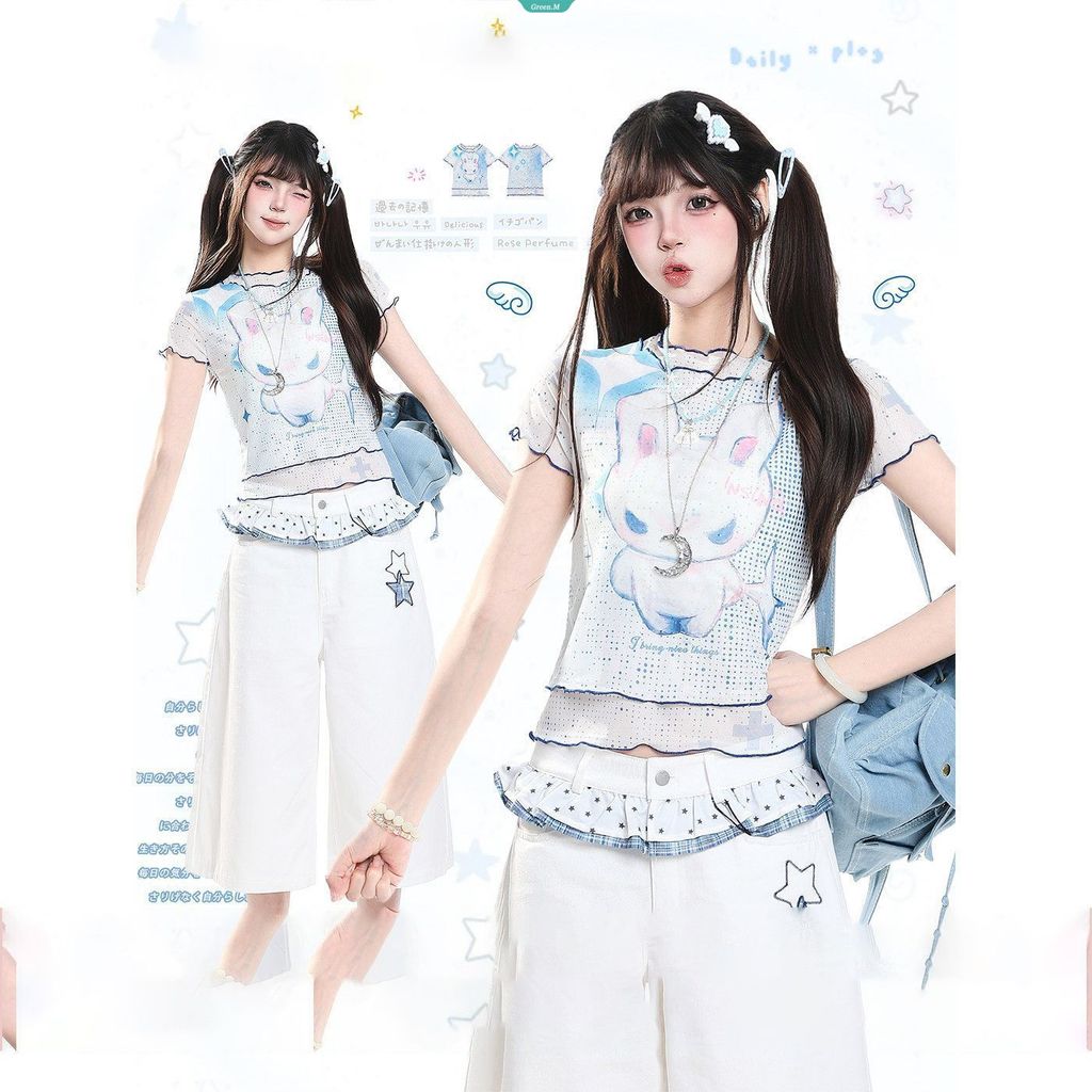 Camiseta Feminina De Manga Curta Com Estampa De Desenho Animado De Coelho Fofo – Top Cropped De Renda Emagrecedora De Ve