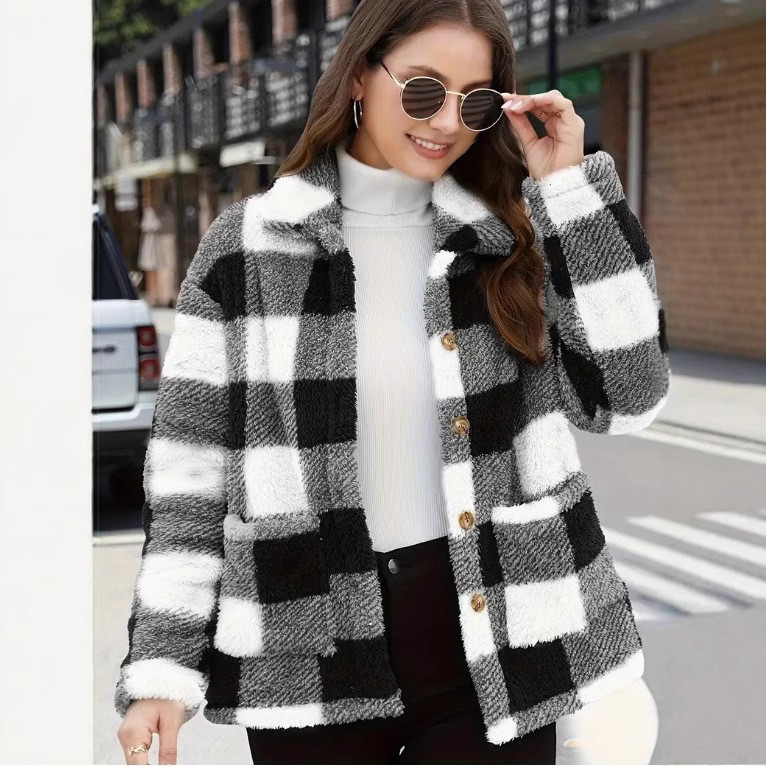 [Look Moderno] Winter Fashion Plaid Long-Sleeved Casual Jacket Jaqueta/Xadrez/Estilosa/Mangas-Longas