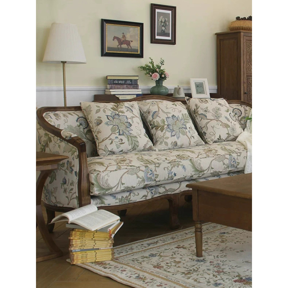 Francês Retro tecido de madeira maciça sofá Villa Premium sala estar Jacquard lazer cadeira americana luz luxo em linha