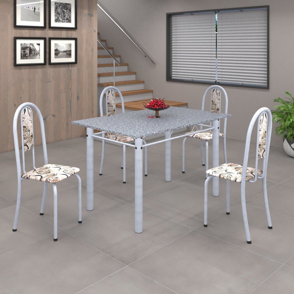 Conjunto de Mesa 120x75cm Tampo em Granito com 4 Cadeiras Iris a Branco/Arabesco/Martelado Pérola Arabesco/Martelado