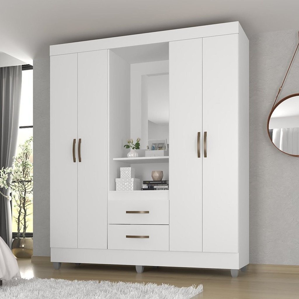 Guarda Roupa Casal Capela com Espelho 4 Portas e 2 Gavetas e Pés Lite Branco/Brilho Branco Brilho