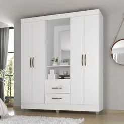 Guarda Roupa Casal Capela com Espelho 4 Portas e 2 Gavetas e Pés Lite Branco/Brilho Branco Brilho