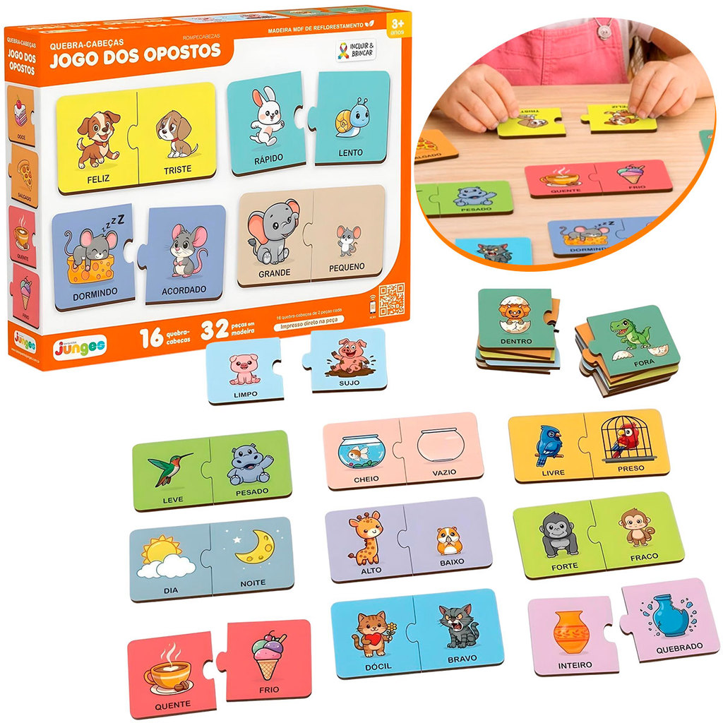 Quebra-Cabeça Jogo dos Opostos Brinquedo Educativo Infantil Madeira Pedagógico Montessori Encaixe