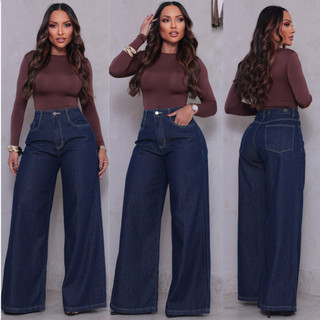 Calça Jeans Pantalona Feminina Boca de Sino Cintura Alta Confortável 100% Algodão Premium