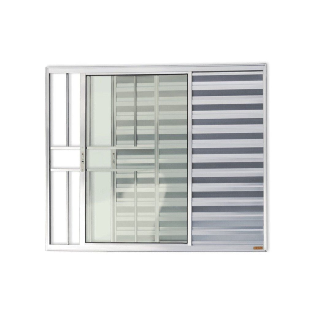 Janela de Aluminio Veneziana de Correr 120x120cm 3 Folhas com Grade e Vidro Liso Confort Brimak Brilhante
