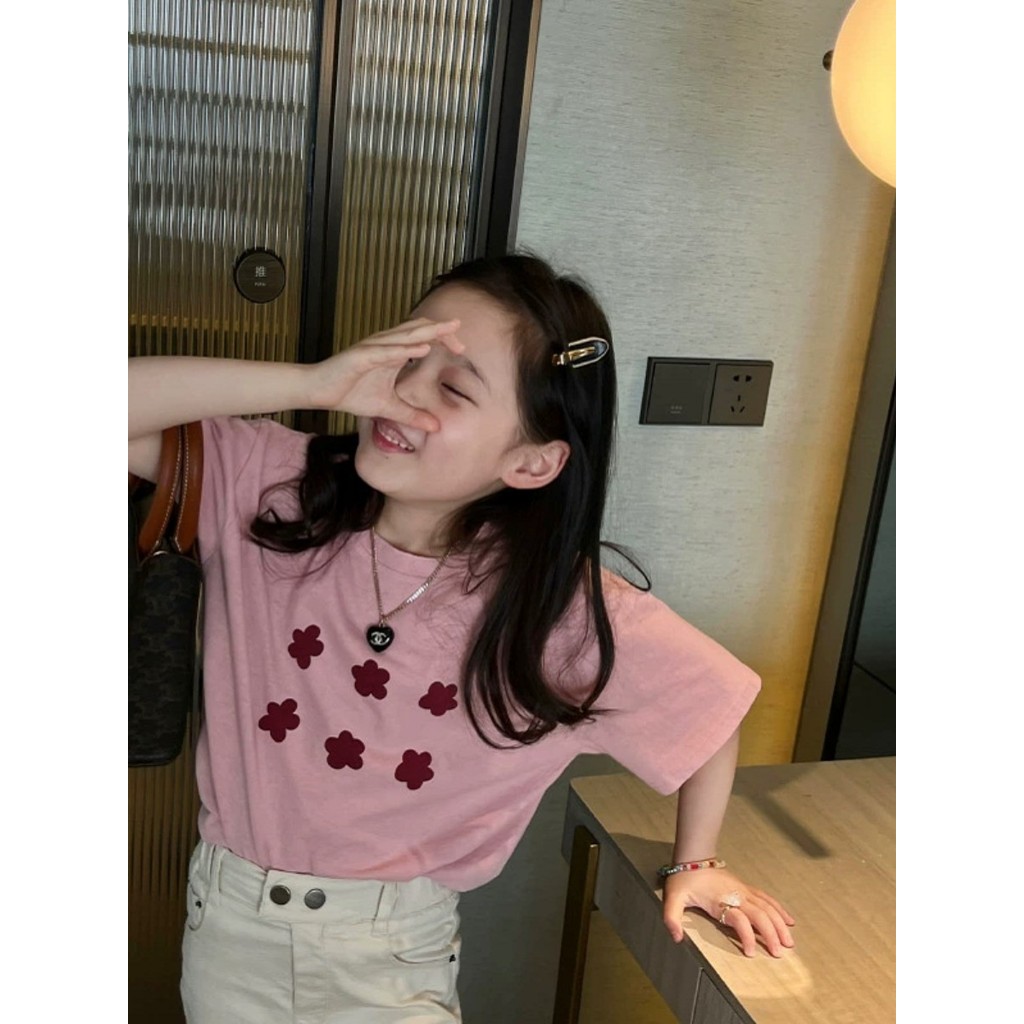 Crianças estilo ocidental meninas camiseta de manga curta 2026 verão novo estilo meninas pétala impressão estilo coreano