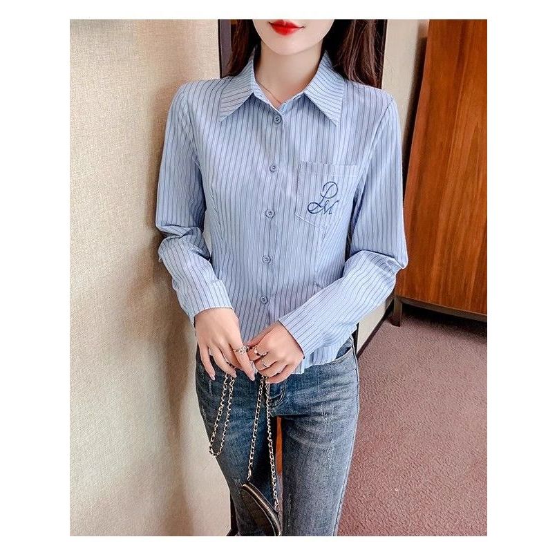 Estilo ocidental reduzindo a idade camisa listrada de manga comprida feminina azul Bottoming topo primavera High-End gol