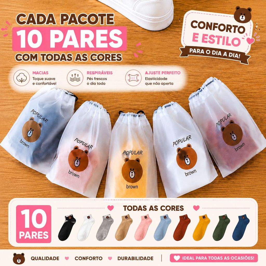 Kit Meias Unissex Cano Curto Ursinho 10 20 30 Pares Macias Respiráveis Confortáveis Poliéster