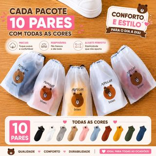 Kit Meias Unissex Cano Curto Ursinho 10 20 30 Pares Macias Respiráveis Confortáveis Poliéster