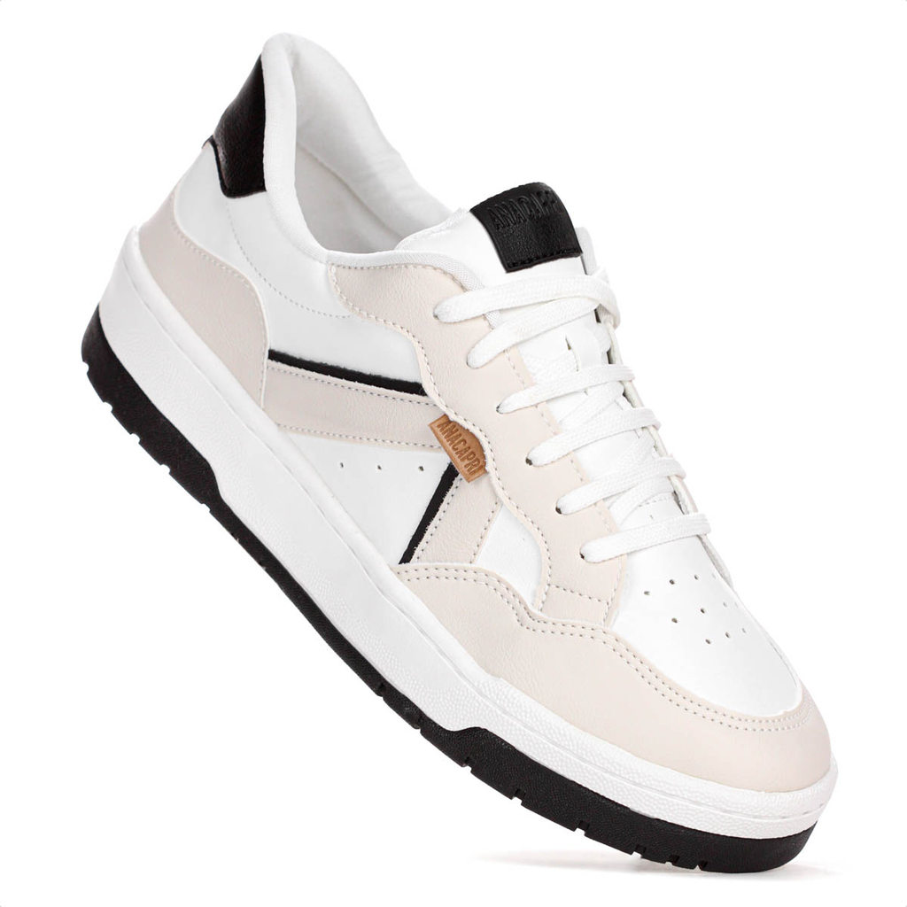 Tênis Anacapri Recortes Kei Branco Creme e Preto - Feminino